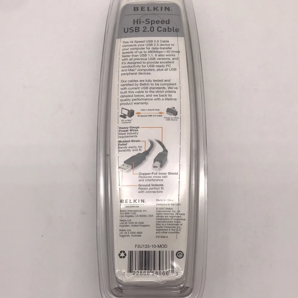 Genuine Belkin High Speed USB 2.0 Cable USB A Male/B Male — 10 feet long